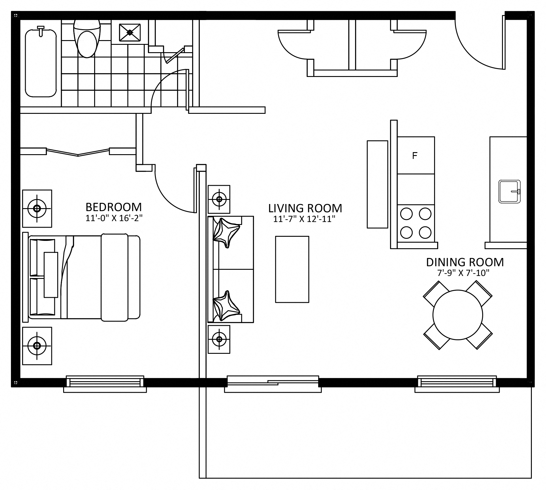 Floor plan for 1 bed, 1 bath, 702 sqft